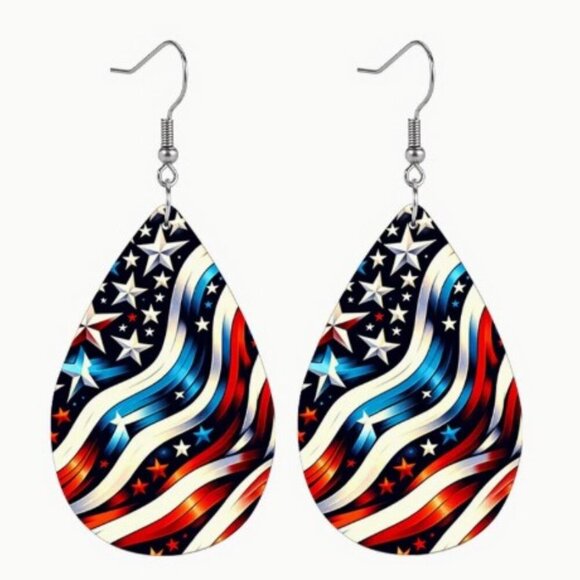 Red And Blue Five-Pointed Star Flag Pattern Leather Earrings Independence Day - Picture 2 of 5